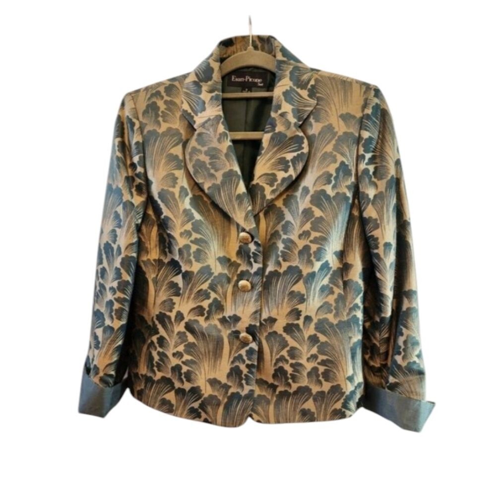 EVAN-PICONE VINTAGE BLAZER JACKET SIZE 8 PAISLEY TEAL ON GOLD BACKGROUND